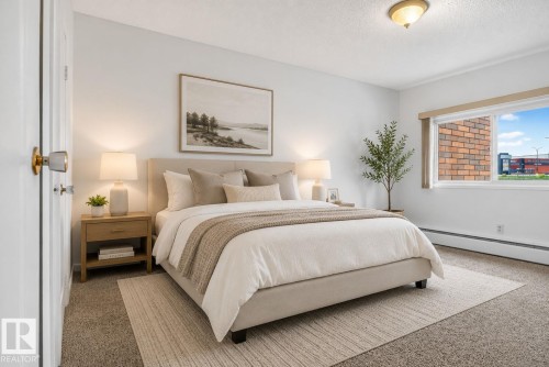 Bedroom featuring a window with exterior brick exposure, carpet flooring, baseboard heating, a ceiling-mounted light fixture, and a white interior door with a brass and chrome knob - 401 2908 116A Avenue, Edmonton, AB 