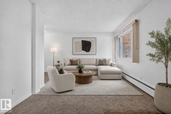 Spacious living area featuring neutral carpeting, white walls, a large window with vertical blinds, and baseboard heating - 