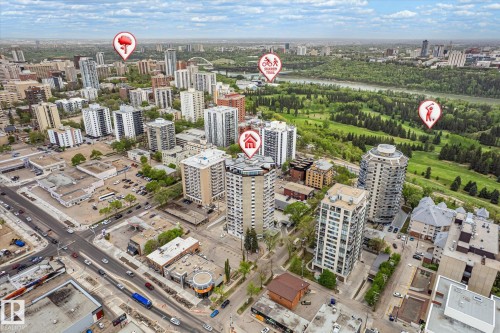 Aerial perspective showcasing a vibrant urban landscape with diverse architectural styles - 503 10045 117 Street, Edmonton, AB 