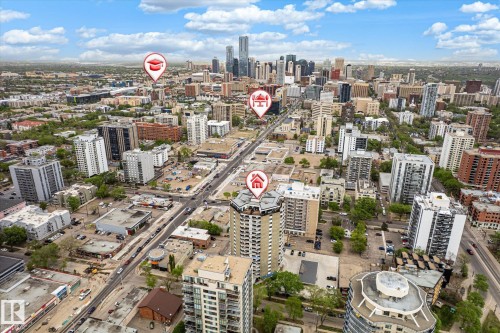 Urban landscape featuring a dense collection of high-rise buildings and commercial structures - 503 10045 117 Street, Edmonton, AB 