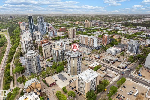 Aerial perspective showcasing a dense urban environment with a mix of high-rise buildings and lower-rise structures - 503 10045 117 Street, Edmonton, AB 