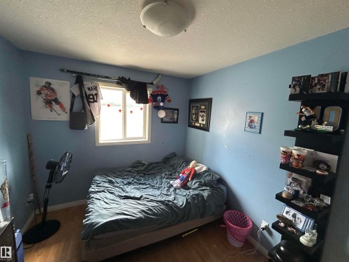 Interior room featuring light blue walls, wood-finish flooring, a white window frame, and a flush mount ceiling light - 17 Willowby Close, Stony Plain, AB 