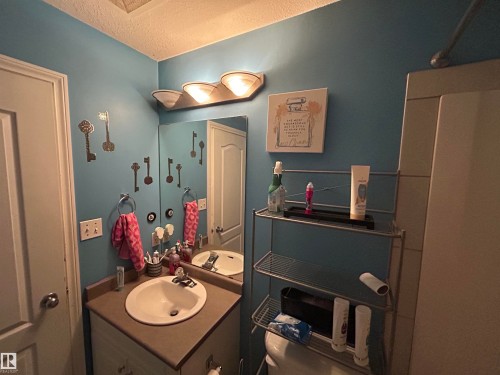 Bathroom vanity featuring a single basin sink, laminate countertop, and built-in cabinetry - 17 Willowby Close, Stony Plain, AB 