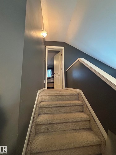Carpeted stairway with white trim and a wall-mounted light fixture - 17 Willowby Close, Stony Plain, AB 