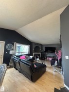 Vaulted ceiling living area featuring light wood-finish flooring - 