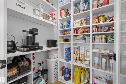 Custom pantry featuring extensive built-in shelving, integrated countertop space, and bright white finishes - 20907 131 Avenue, Edmonton, AB 
