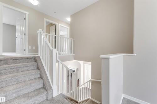Carpeted staircase featuring white balusters and handrails - 3449 28 Street, Edmonton, AB 
