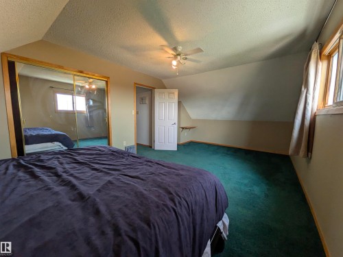 Spacious room featuring green carpeting, sloped ceilings, and a ceiling fan. - 4806 50 Avenue, Elk Point, AB 
