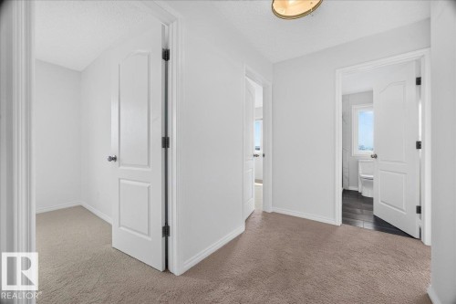 Carpeted hallway featuring white paneled doors, white baseboards, and a flush mount ceiling light - 8508 218 Street, Edmonton, AB 