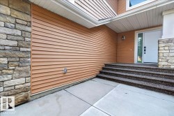 Entryway featuring a white paneled door with frosted glass insert, stone veneer pillars, and wood-toned siding - 