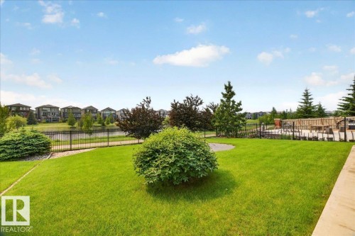 Expansive green lawn with mature shrubs and trees, bordered by a black metal fence - 8508 218 Street, Edmonton, AB 