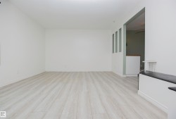 Spacious interior room featuring light wood-finish flooring, white walls, and a partial wall with decorative cutouts - 