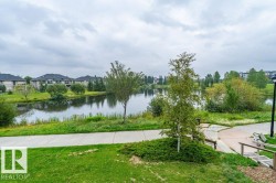 Lakeside setting with a paved walking path, mature trees, manicured green space, and residential properties in the background - 