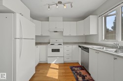 Kitchen featuring white cabinetry and appliances, wood-finish flooring, a stainless steel double basin sink, and a large window - 