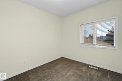 Room featuring light-colored walls, dark textured carpeting, and white baseboards - 