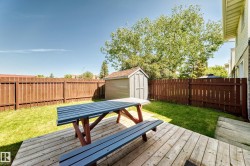 Private backyard featuring a wood deck, manicured lawn, wood privacy fencing, and a storage shed - 