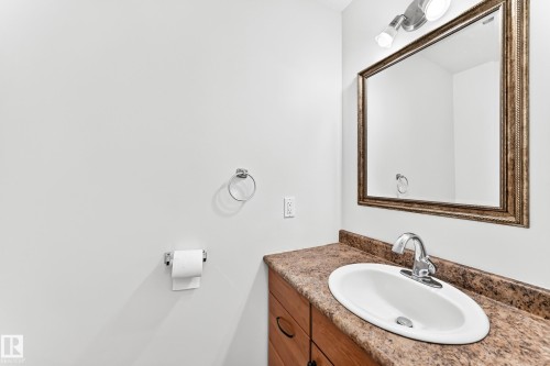 Vanity featuring a built-in oval sink, stone-look countertop, and wood-finish cabinetry - 1102 Millbourne Road E, Edmonton, AB 