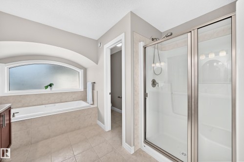 Tiled shower with glass enclosure and a separate built-in bathtub featuring an arched window - 1330 114B Street, Edmonton, AB 