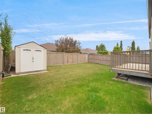 Expansive backyard featuring a manicured lawn, a raised wooden deck with metal railings, a light-colored storage shed, and a privacy fence - 45 Willow Wood Lane, Stony Plain, AB 