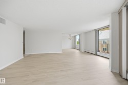 Bright open-concept living area featuring light wood-finish flooring, white painted walls, and multiple large windows - 