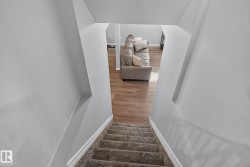 Carpeted staircase descending into a room featuring wood-finish flooring and light gray walls - 
