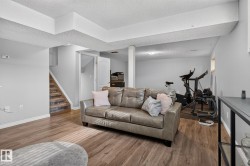 Finished lower level featuring wood-finish flooring, light gray wall paint, white trim, and a carpeted staircase - 