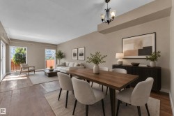 Open-concept living and dining area featuring wood-finish flooring, neutral wall tones, and recessed lighting - 