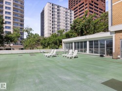 Spacious outdoor patio with a green surface, perimeter wall, and an enclosed sunroom featuring large glass panels - 
