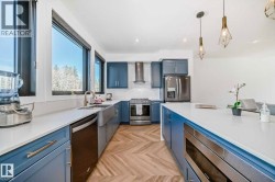 Contemporary kitchen featuring blue cabinetry, white countertops, stainless steel appliances, and wood-finish herringbone flooring - 