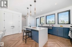 Open-concept kitchen featuring an oversized island, blue lower cabinetry, and a stainless steel farmhouse sink - 
