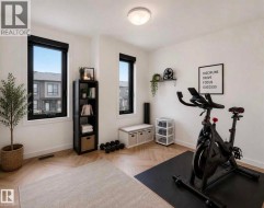 Bright room featuring wood-finish flooring, white walls, and multiple black-framed windows - 