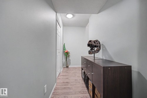 Hallway featuring wood-finish flooring and light gray wall paint - 19039 47 Avenue, Edmonton, AB 
