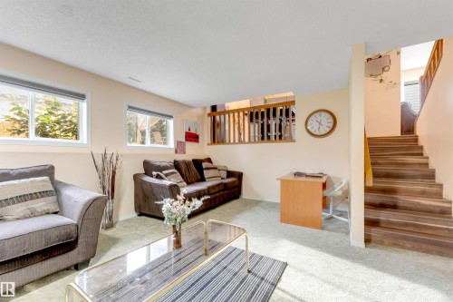 Recreation room with light beige walls and light green carpet flooring - 312 Beringer Crescent, Edmonton, AB 