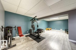 Spacious interior room featuring light wood-finish flooring, a suspended ceiling, and teal-painted walls - 