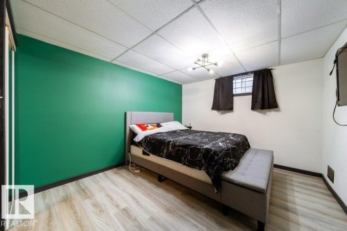 Room featuring wood-finish flooring, a suspended ceiling, and a distinct green accent wall - 20 Chippewa Rd, Leduc, AB 