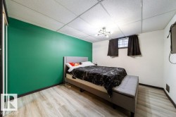 Room featuring wood-finish flooring, a suspended ceiling, and a distinct green accent wall - 