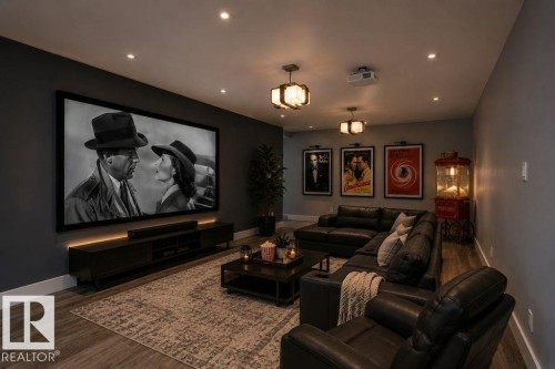 Dedicated media room featuring a large projection screen, recessed ceiling lighting, and wood-finish flooring - 9035 Saskatchewan Drive, Edmonton, AB 