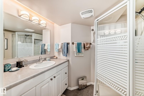 Basement Bathroom featuring a single vanity with an oval sink, a wall-mounted mirror, and a three-light fixture, and shower. - 7930 111 Street, Edmonton, AB - Indoor Photo Showing Bathroom