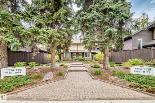Brick paver pathway with flanking evergreen trees and established landscaping - 7930 111 Street, Edmonton, AB - Outdoor