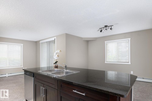 Kitchen island with dark cabinetry, stainless steel double sink, and integrated dishwasher - 102 25 Element Dr, St. Albert, AB 