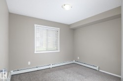Carpeted room with neutral wall paint and a single window featuring horizontal blinds - 