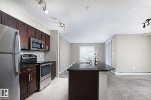 Kitchen featuring dark wood cabinetry, stainless steel appliances, a tile backsplash, and an island with an undermount sink - 102 25 Element Dr, St. Albert, AB 