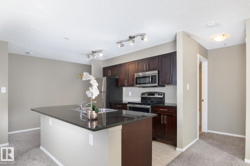 Kitchen featuring dark wood cabinetry, stainless steel appliances, a black countertop island with an integrated sink, and track lighting - 102 25 Element Dr, St. Albert, AB 