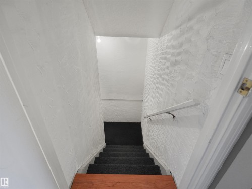 Stairwell with textured white walls, a white handrail, and dark carpeted steps - 16 13833 30 Street, Edmonton, AB 