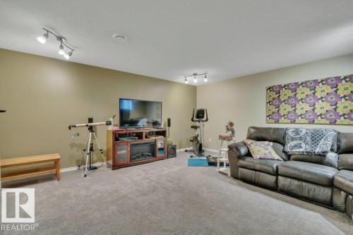 Basement Family Room featuring light-colored carpeting, track lighting, and neutral wall tones - 6042 214 Street, Edmonton, AB - Indoor Photo Showing Other Room