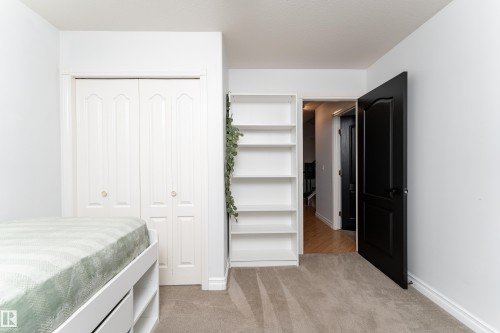 Carpeted room with white walls, a built-in white bookshelf, and a dark-paneled interior door - 183 Dechene Road, Edmonton, AB 