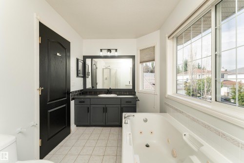 Bathroom featuring a jetted tub, a vanity with dark cabinetry and countertop, an integrated sink, and an expansive grid-patterned window - 183 Dechene Road, Edmonton, AB 