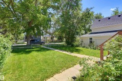 Side yard featuring a concrete walkway, mature trees, and chain-link fencing - 