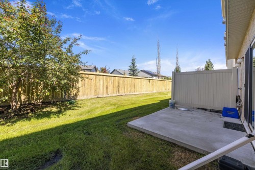 Expansive backyard featuring a manicured lawn, full-height wooden fencing, a mature deciduous tree, and a concrete patio pad - 101 13825 155 Avenue, Edmonton, AB 