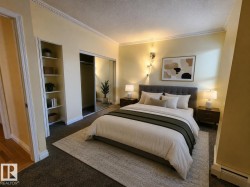 Plush carpeting throughout with crown molding and built-in shelving - 